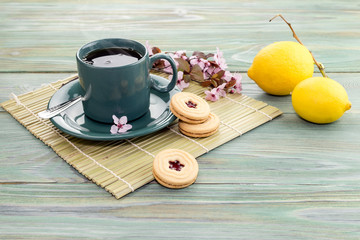 A cup of tea and biscuits close-up
