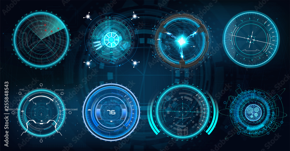 Poster futuristic optical aim in hud style. military collimator sight, gun targets focus range indication. 