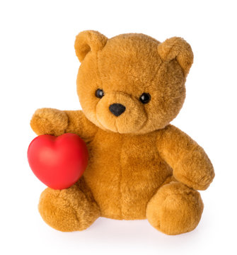 Teddy bear with heart love concept on white background clipping path