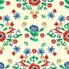 Sicilian seamless pattern with flowers. Vector floral patch for embroidery and print