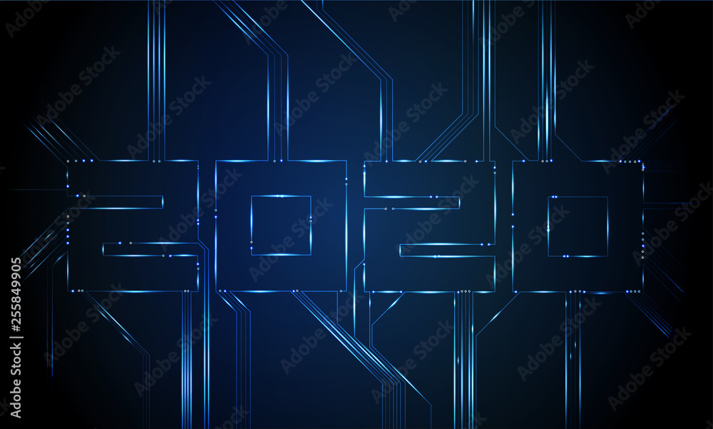 Poster Computer motherboard vector background with circuit board electronic elements. Text design Christmas and Happy new year 2020. Electronic texture for computer technology, engineering concept 2020