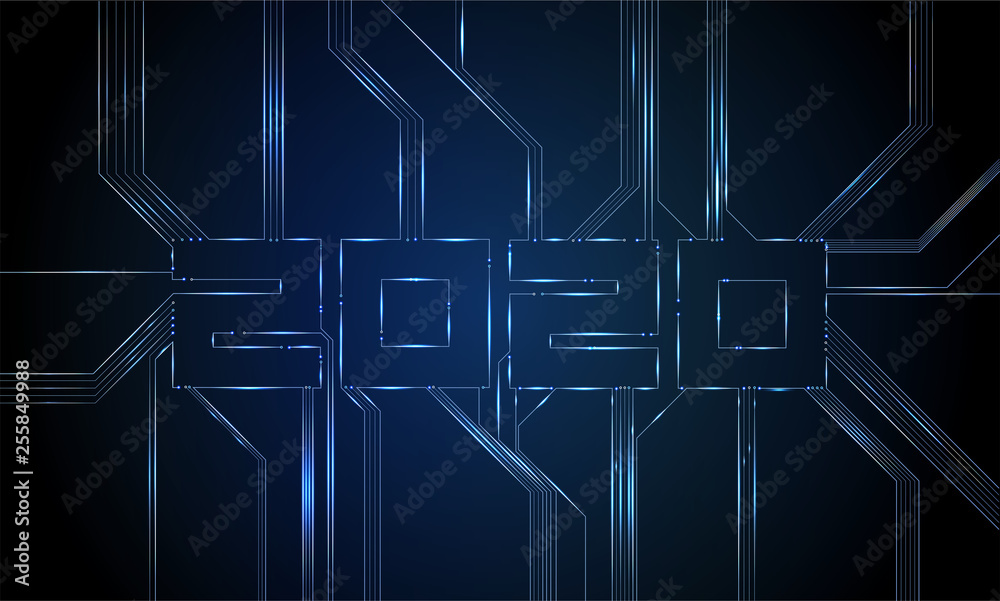 Poster Circuit Board 2020, Technology CPU, Microprocessor Interface. Futuristic Vector Background. Circuit Number Digital Concept. PCB Illustration Happy New Year 2020