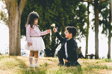 Kneeling boy Proposing with a flower - Boy proposing marriage with a romantic gesture his girlfriend