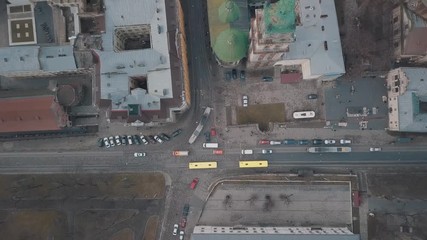Aerial Overhead Car traffic. Rush hour. Old City Lviv, Ukraine