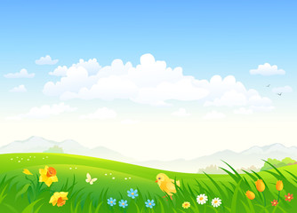 Vector cartoon drawing of a green country scenery with a chicken and spring flowers