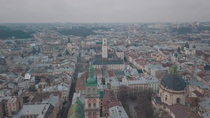 Aerial City Lviv, Ukraine. European City. Popular areas of the city. Dominican