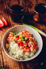 Scrambled eggs with tomatoes, fresh leek and white rice