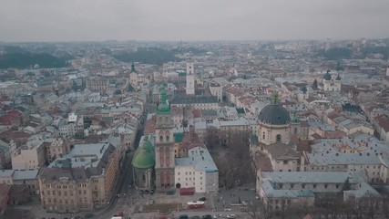 Aerial City Lviv, Ukraine. European City. Popular areas of the city. Dominican