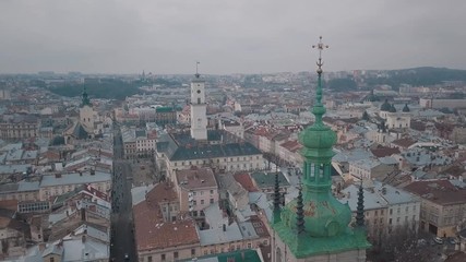 Aerial City Lviv, Ukraine. European City. Popular areas of the city. Ratush