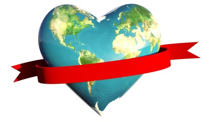 Terre en forme de coeur avec ruban rouge sur fond blanc