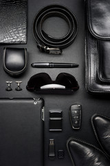 Man accessories in business style, briefcase, gadgets, shoes, clothes and other luxury businessman...