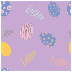 Festive Easter seamless pattern lilac background.