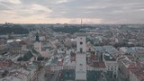 Aerial panorama of the ancient european city Lviv, Ukraine. Town Hall, Ratush