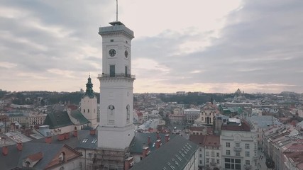 Aerial panorama of the ancient european city Lviv, Ukraine. Town Hall, Ratush