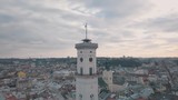 Aerial panorama of the ancient european city Lviv, Ukraine. Town Hall, Ratush