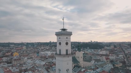 Aerial panorama of the ancient european city Lviv, Ukraine. Town Hall, Ratush
