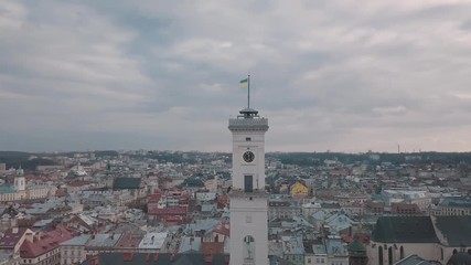 Aerial panorama of the ancient european city Lviv, Ukraine. Town Hall, Ratush