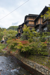 Hot spring towns, Kurokawa Onsen, Ryokan and bridge, Kurokawa at morning, Kumamoto, Kyushu, Japan