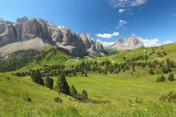 view of the alpine pass Passo di Gardena in Dolomites, Italy