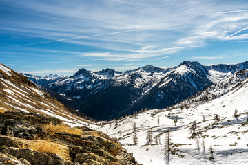 snowy mountain panorama in ski resort isola 2000, france
