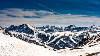 snowy mountains panorama in ski resort isola 2000, france - obrazy, fototapety, plakaty