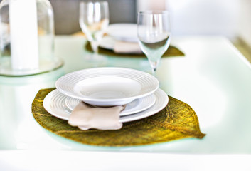 Empty plates on a leaf design and glass with the  table setup