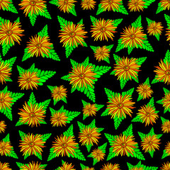 Orange flowers and plants seamless texture. Floral colorful fantasy ornament. Original vector flowers art pattern.