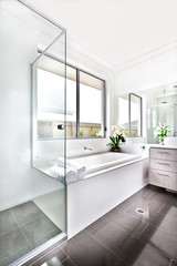 Modern washroom illuminated with the sunlight to the bath tub and the mirror