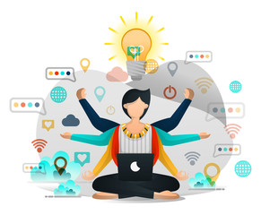 Yoga and Meditation to Find Inspiration in Work. Male Programmer Seeks Enlightenment in Completing Business Project. Vector Illustration For Web Page, Element, Poster, App, Banner. Flat Cartoon Style