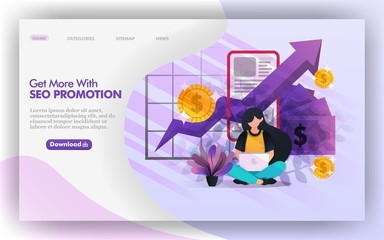 Profit optimization with SEO promotion Vector Web Illustration, Girl studying SEO promotion to increase income .  Easy to use for website, banner, brochure, print, mobile, app, poster, template, UI UX