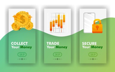 Collect, trade, secure your money Vector Mobile concept, Mobile app templates for finance . Easy to use for website, banner, landing page, brochure, flyer, print, mobile, app, poster, template, UI UX