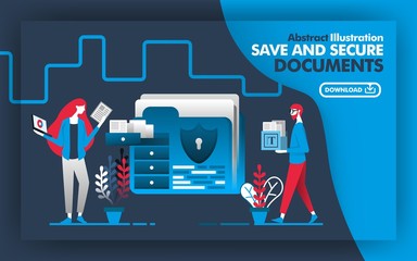 Vector abstract illustration .Blue and gray website banner or poster with theme of save and secure documents. worker are sorting and arranging document on folder shelve. with a big shield
