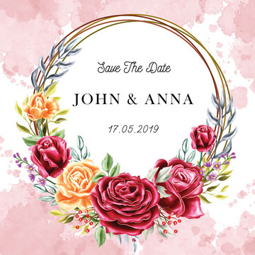 rose red orange watercolor background, frames, templates wedding invitation