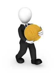 3d businessman and gold coin in hands.