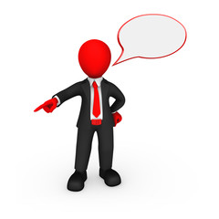 3d red businessman with speech bubble above his head gives the order.