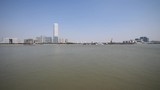shanghai bund viewed from Xuhui Bingjiang Park, skyscrapers with blue sky background, cargo ships sailing on Huangpu river, 4K video, slow motion.
