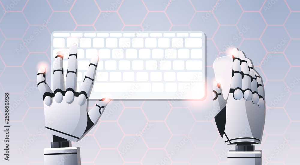 Poster robot hands holding mouse using computer keyboard typing top angle view artificial intelligence digi