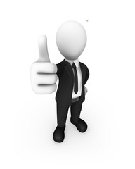 3d white businessman shows thumb up gesture.