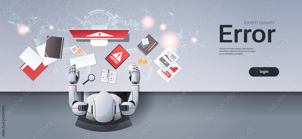 Poster robot using digital devices problem computer application software error humanoid sitting at workplac