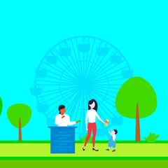 woman buying ice cream to his little son happy family walking city park mother and child having fun ferris wheel landscape background full length flat