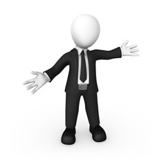 3d businessman in black suite welcomes visitors... Hello!