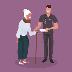 male doctor explaining prescription to senior patient physician man supporting elderly woman with walking stick healthcare concept flat full length