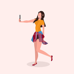 woman taking selfie photo on smartphone camera girl posing and smiling female cartoon character full length flat