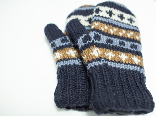 hand knit gloves with blue gold and white pattern