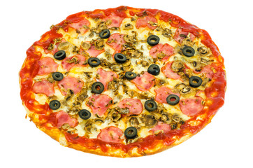 Tasty pizza with ham and mushrooms isolated on white background.