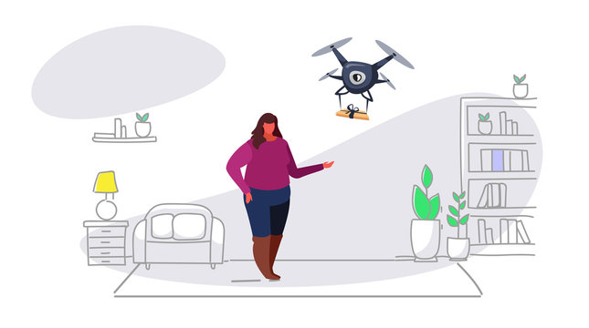 fat overweight woman getting parcel gift box from quadcopter express air mail delivery by drone concept modern apartment living room interior sketch doodle horizontal