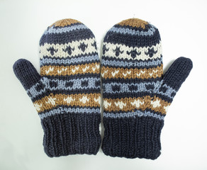 hand knit gloves with blue gold and white pattern