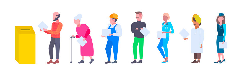 election day concept different occupations voters casting ballots at polling place during voting mix race people putting paper ballot in box full length flat horizontal white background