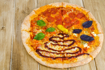 One big pizza with different fillings