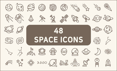 Set of 48 space and planet Vector Line Icons, thin line style.Contains such Icons as space, planet, alien, solar, astronaut, technology, space travels, stars, exploration And Other Elements.